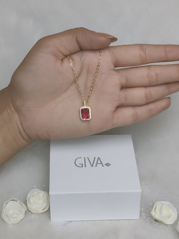 Golden Ruby Red Baguette Pendant with Link Chain