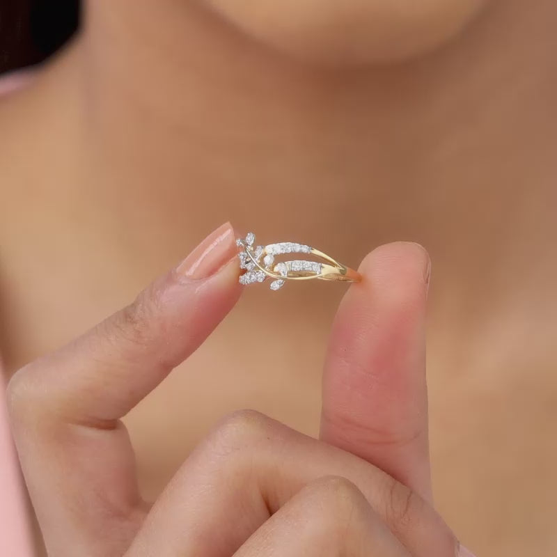 Wave and Leaf Design Pure Gold Ring with Lab-Grown Diamonds