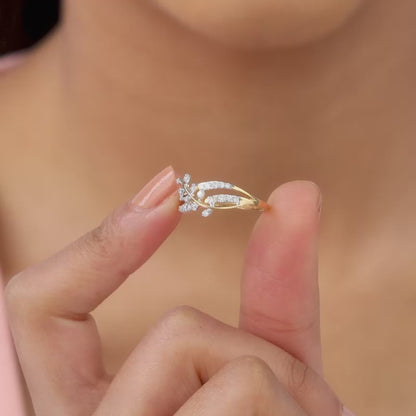 Wave and Leaf Design Pure Gold Ring with Lab-Grown Diamonds