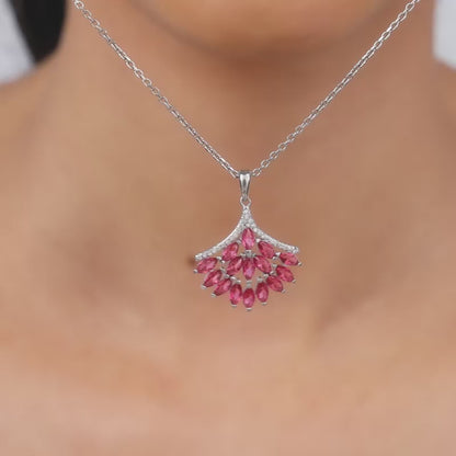 Silver Pink Floret Pendant With Link Chain