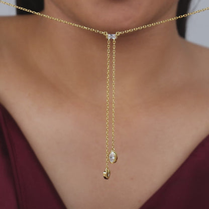 Golden Crystal Heart Lariat Necklace