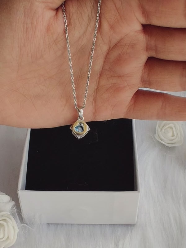 Sky Blue Heart Cube Pendant with Link Chain