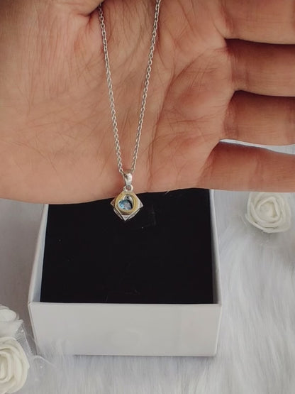 Sky Blue Heart Cube Pendant with Link Chain