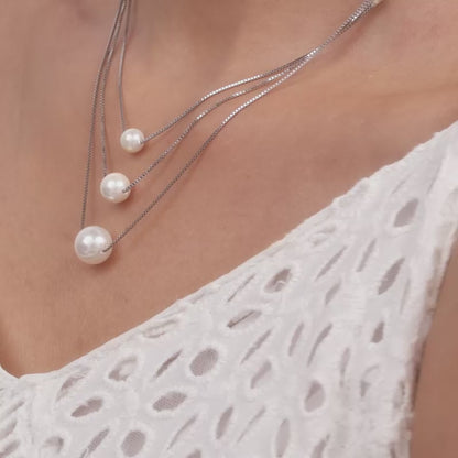 Silver Triple Layer Pearl Necklace With Link Chain