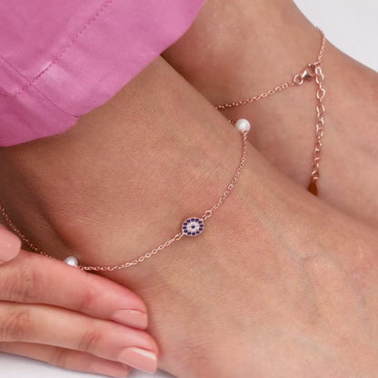 Rose Gold Evil Eye Pearl Anklet