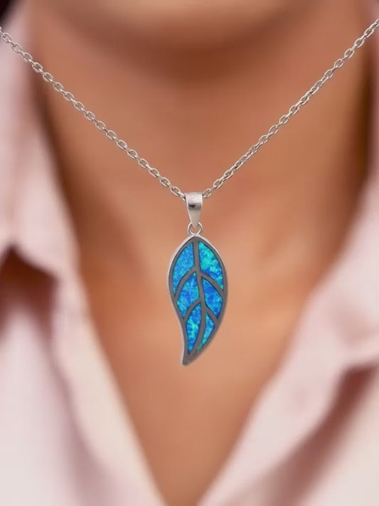 Silver Mystic Blue Leaf Pendant with Link Chain
