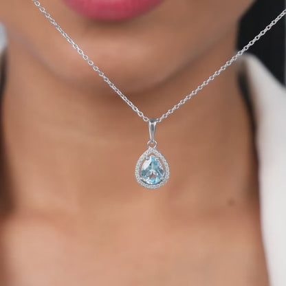 Silver Blue Topaz Pendant With Link Chain