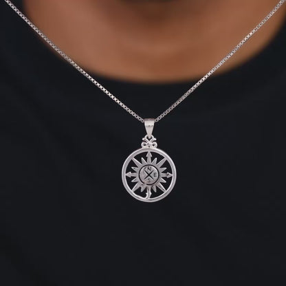 Silver Compass of Life Pendant with Box Chain For Him