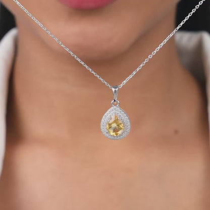 Silver Citrine Drop Pendant With Link Chain