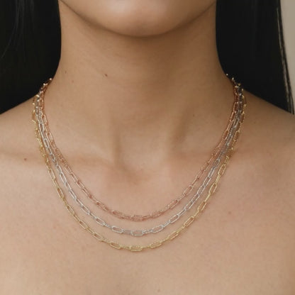 Triple Tone Link Lock Silver Necklace