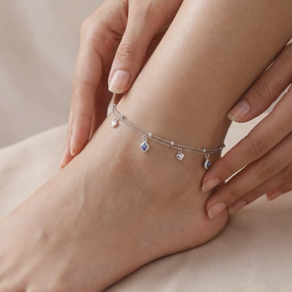 Silver Evil Eye and Heart Layered Charm Anklet