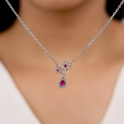 Silver Floral Drop Pendant With Link Chain