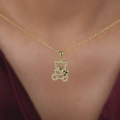 Golden Teddy Hug Pendant With Link Chain