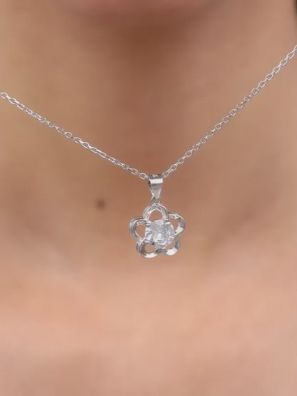 Silver Zircon Flower Pendant with Link Chain