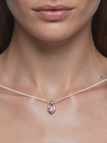 Silver Pink Heart Pendant with Link Chain