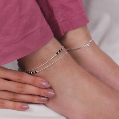Silver Dual Layer Black Beads Anklet