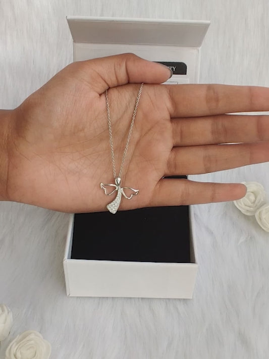 Silver Zircon Angel Pendant with Link Chain