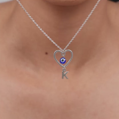 Silver Personalised Evil Eye Heart Initial Pendant