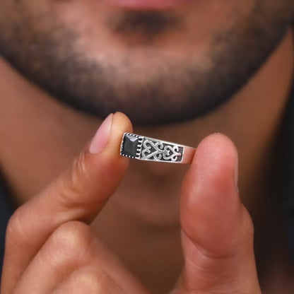Silver Black Stone Ring For Him