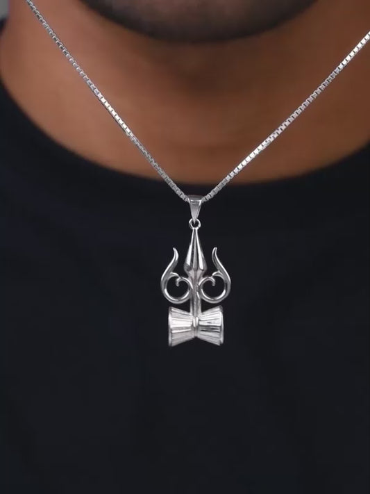 Silver Trishul And Damru Pendant With Box Chain For Him