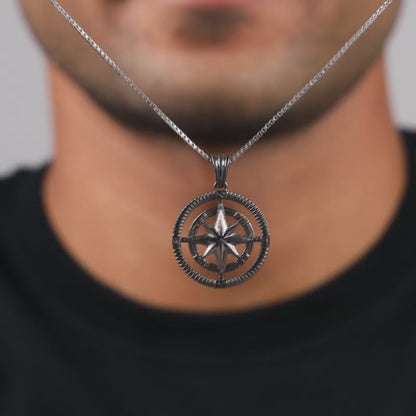 Black Rhodium Vintage Compass Pendant With Box Chain For Him