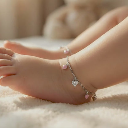 Silver Rosy Heartlet Kids Anklet (0 - 1 Years)