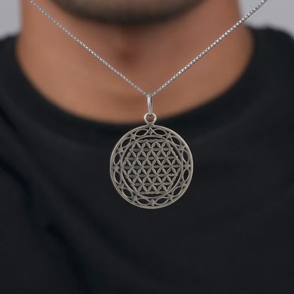 Oxidised Silver Sacred Bloom Pendant With Box Chain For Him