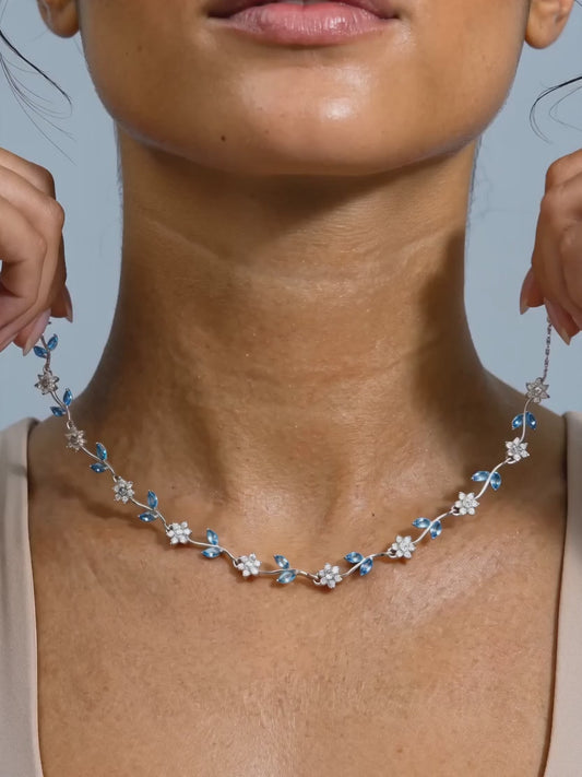 Silver Aqua Blue Floral Necklace