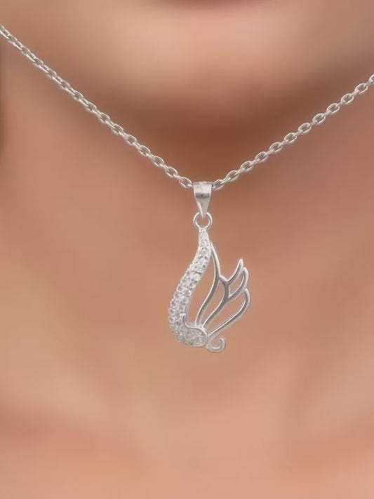 Silver Zircon Winged Pendant With Link Chain