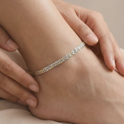 Triple Tone French Braid Silver Anklet