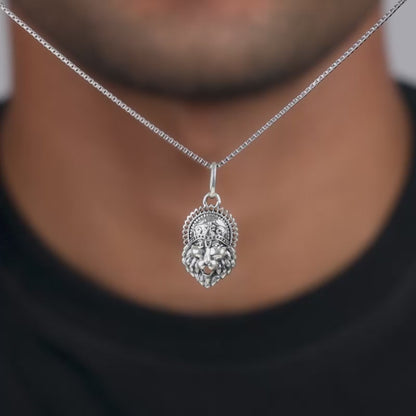 Oxidised Silver Narasimha Crown Pendant With Box Chain For Him