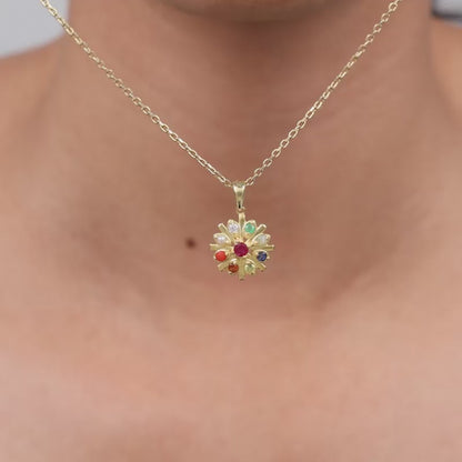 Golden Colourful Flower Pendant With Link Chain