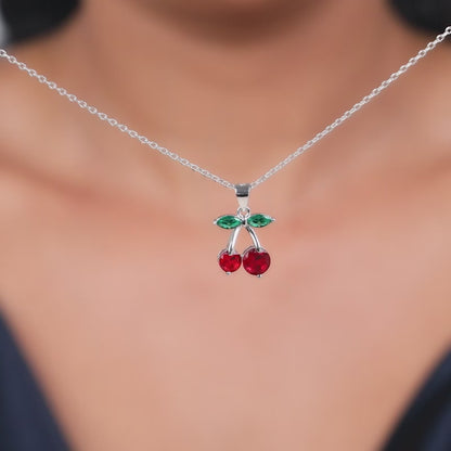 Silver Sweet Cherry Pendant With Link Chain
