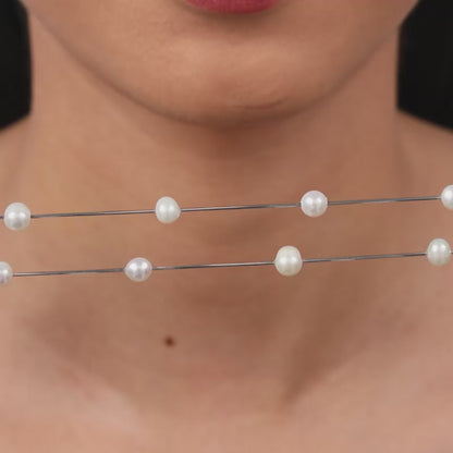 Silver Layered Pearl Station Necklace