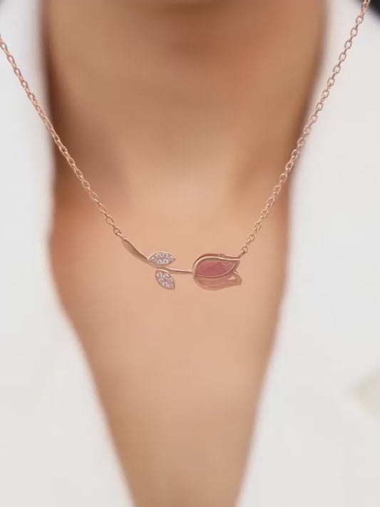 Rose Gold Pink Quartz Flower Necklace