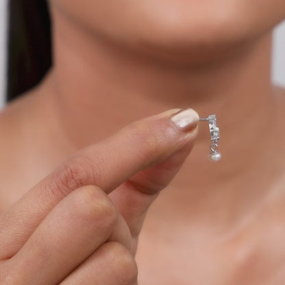 Silver Butterfly Drop Pearl Earrings