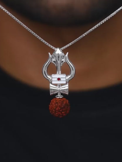 Silver Trishul Rudraksha Pendant With Box Chain For Him