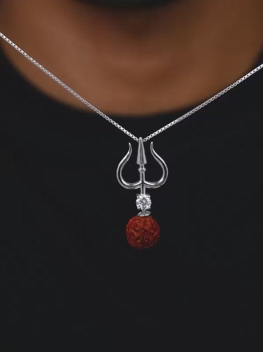 Silver Trishul And Rudraksha Pendant With Box Chain for Him