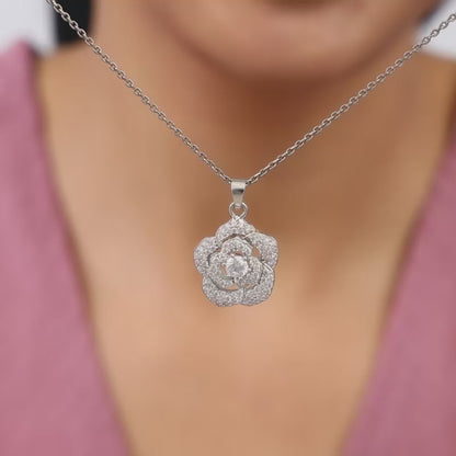 Silver Shining Rose Pendant With Link Chain