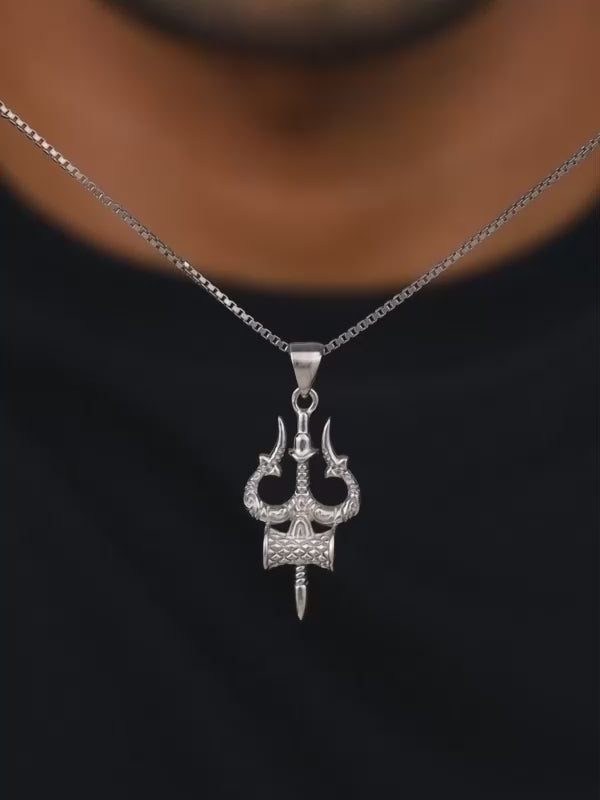 Silver Trishula Pendant with Box Chain For Him