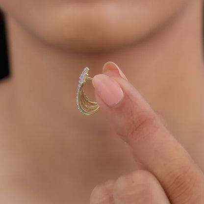 Gold Divine Feathers J Hoop Lab Grown Diamond Earrings