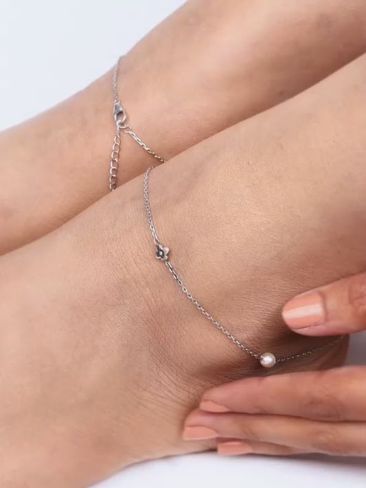 Silver Pearls & Flower Anklet