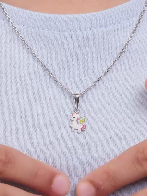 Silver Colourful Unicorn Kids Pendant With Link Chain (7-10 yrs)