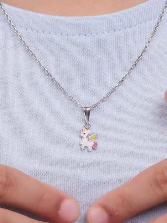 Silver Colourful Unicorn Kids Pendant With Link Chain (7-10 yrs)
