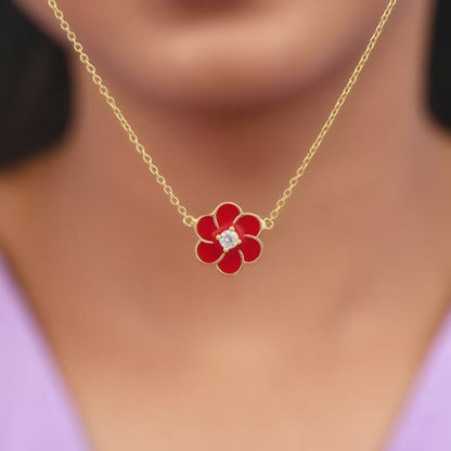 Golden Red Flower Power Pendant with Link  Chain