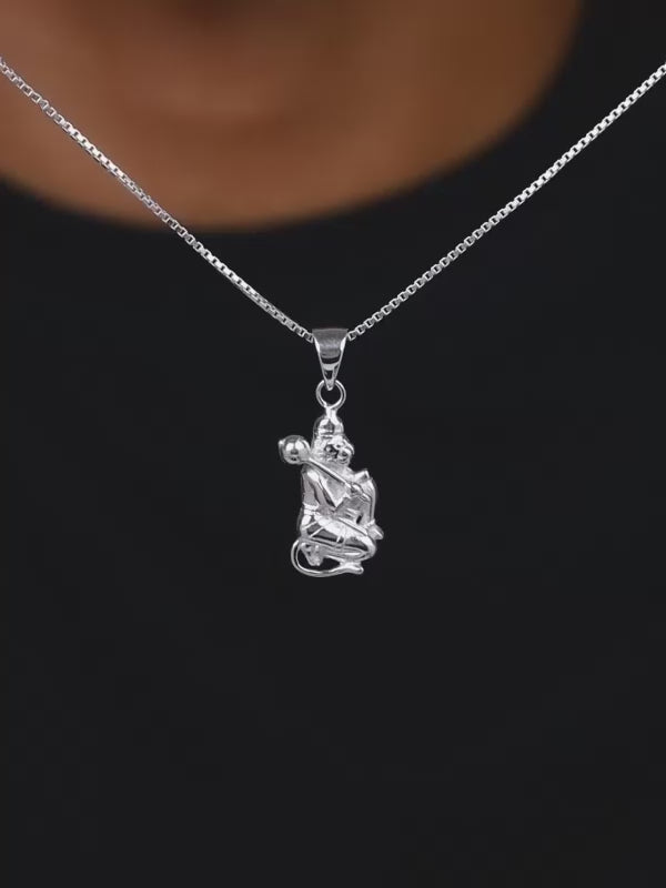 Silver Hanuman Pendant With Box Chain For Him