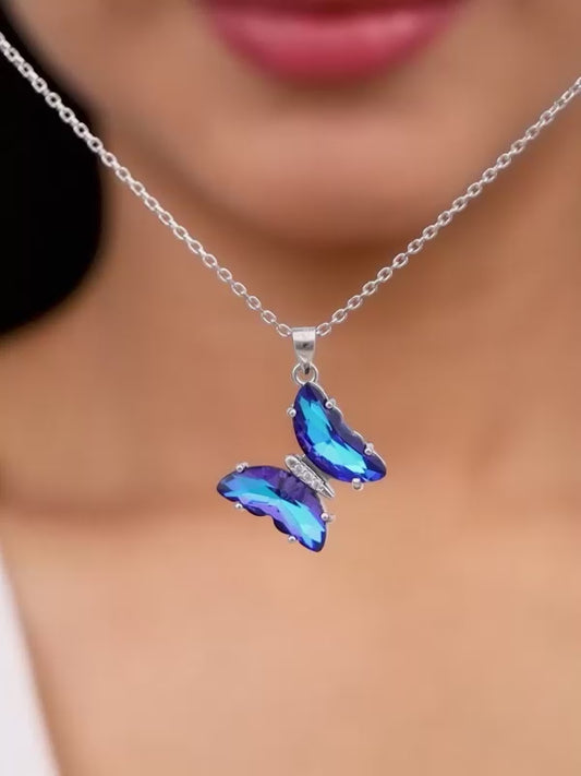 Silver Midnight Blue Butterfly Pendant With Link Chain