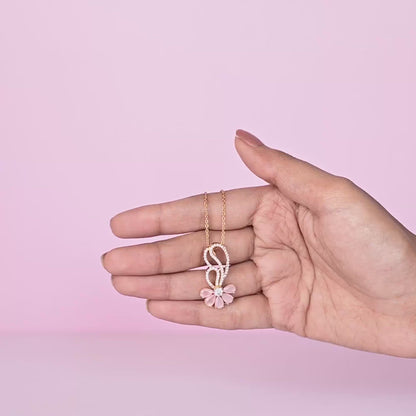 Golden Pink Floral Damsel Pendant With Link Chain