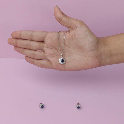 Silver Royal Blue Bloom Pendant Set