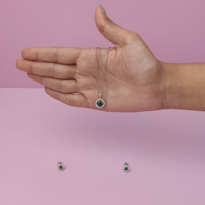 Silver Forest Green Shining Halo Pendant Set